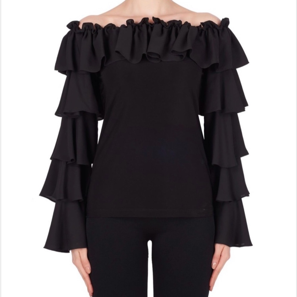 Joseph Ribkoff Elegant Black Ruffled Blouse